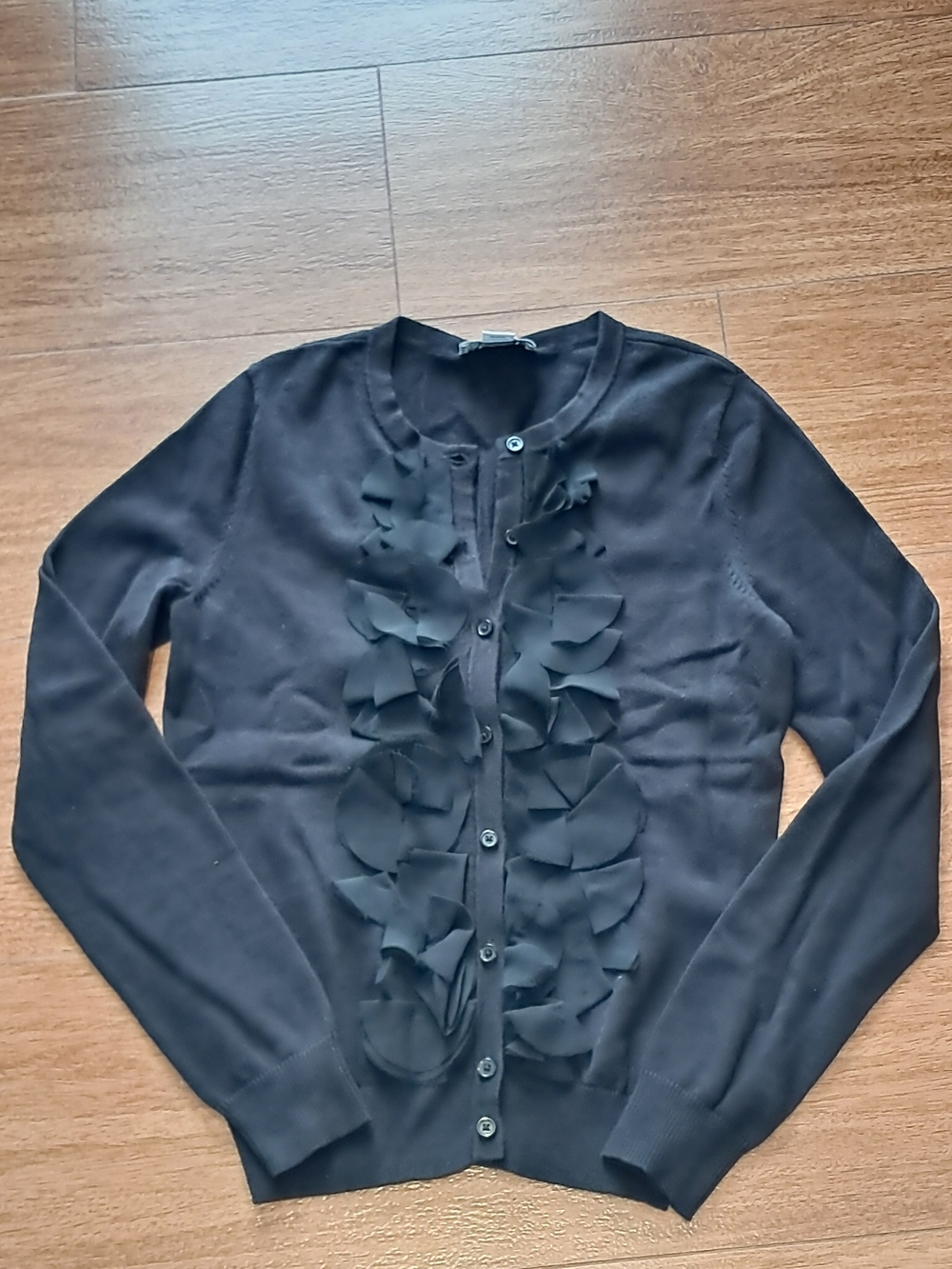 LOFT Black Ruffle-Front Button Cardigan